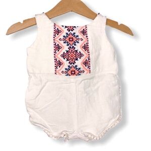 Peek 3-6 Mo White Baby Romper with Pink and Blue Embroidery